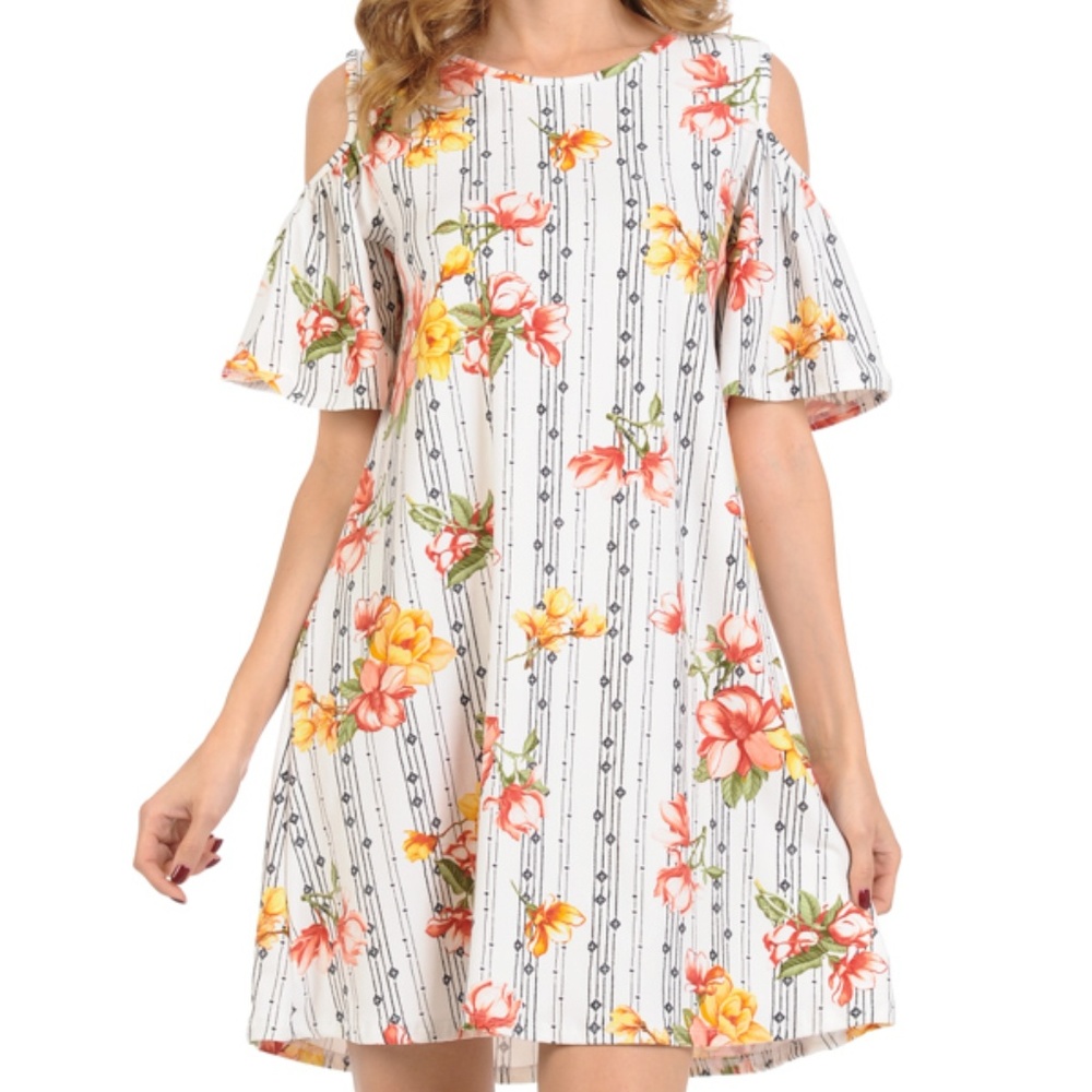 Open Shoulder Floral Midi Dress